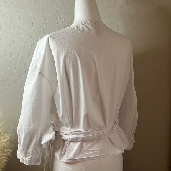 KENSIE white wrap front tie mid length sleeve top V-neck 100% cotton large - Picture 4 of 9
